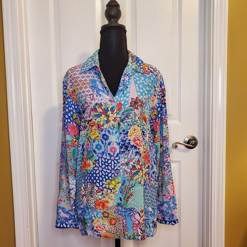Shana Silk Shirt Aqua Pink Floral Abstract Artsy Roll Tab Sleeve SMALL